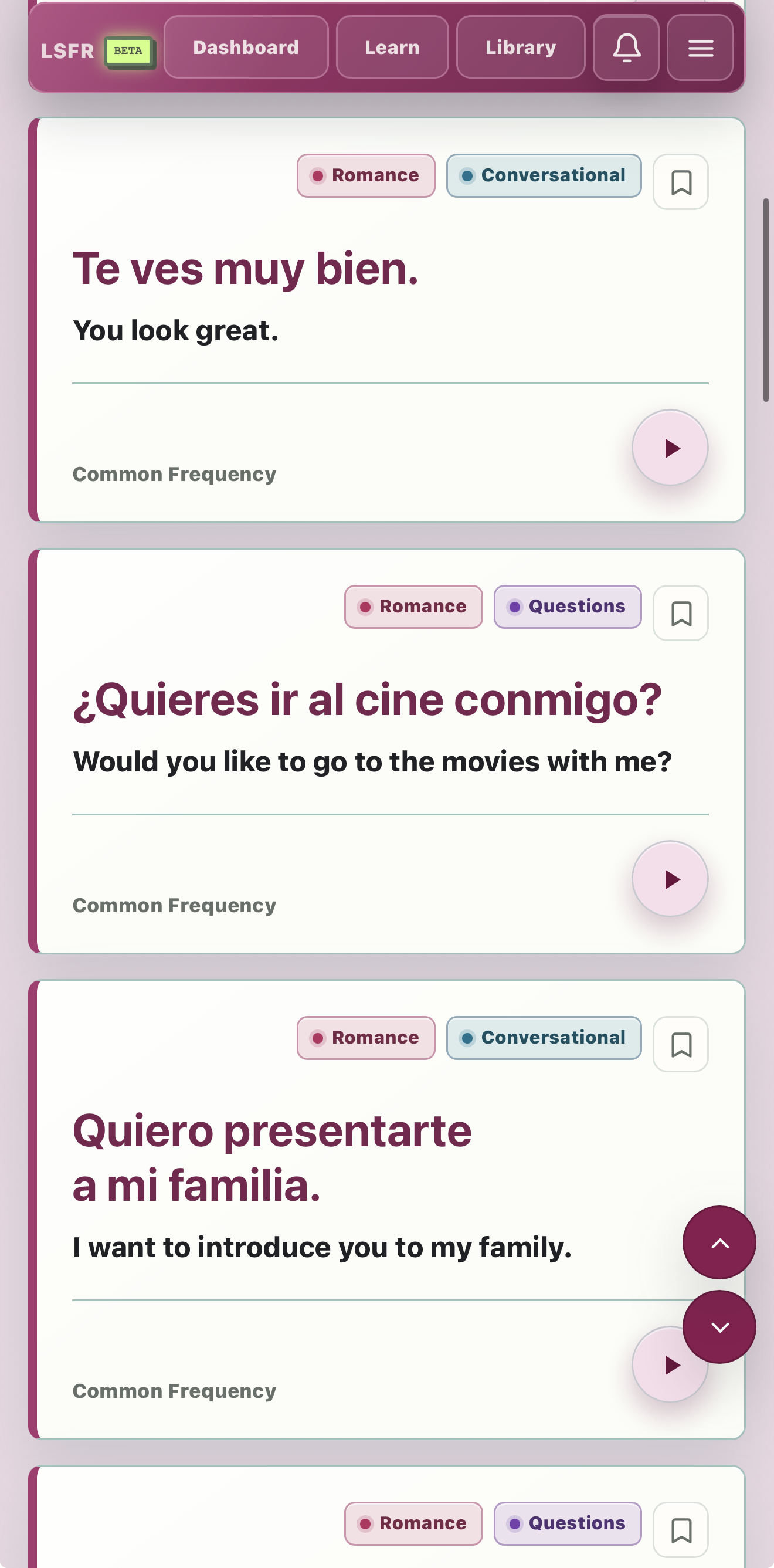 LSFR Phrasebook showing Romance phrases with audio and save controls