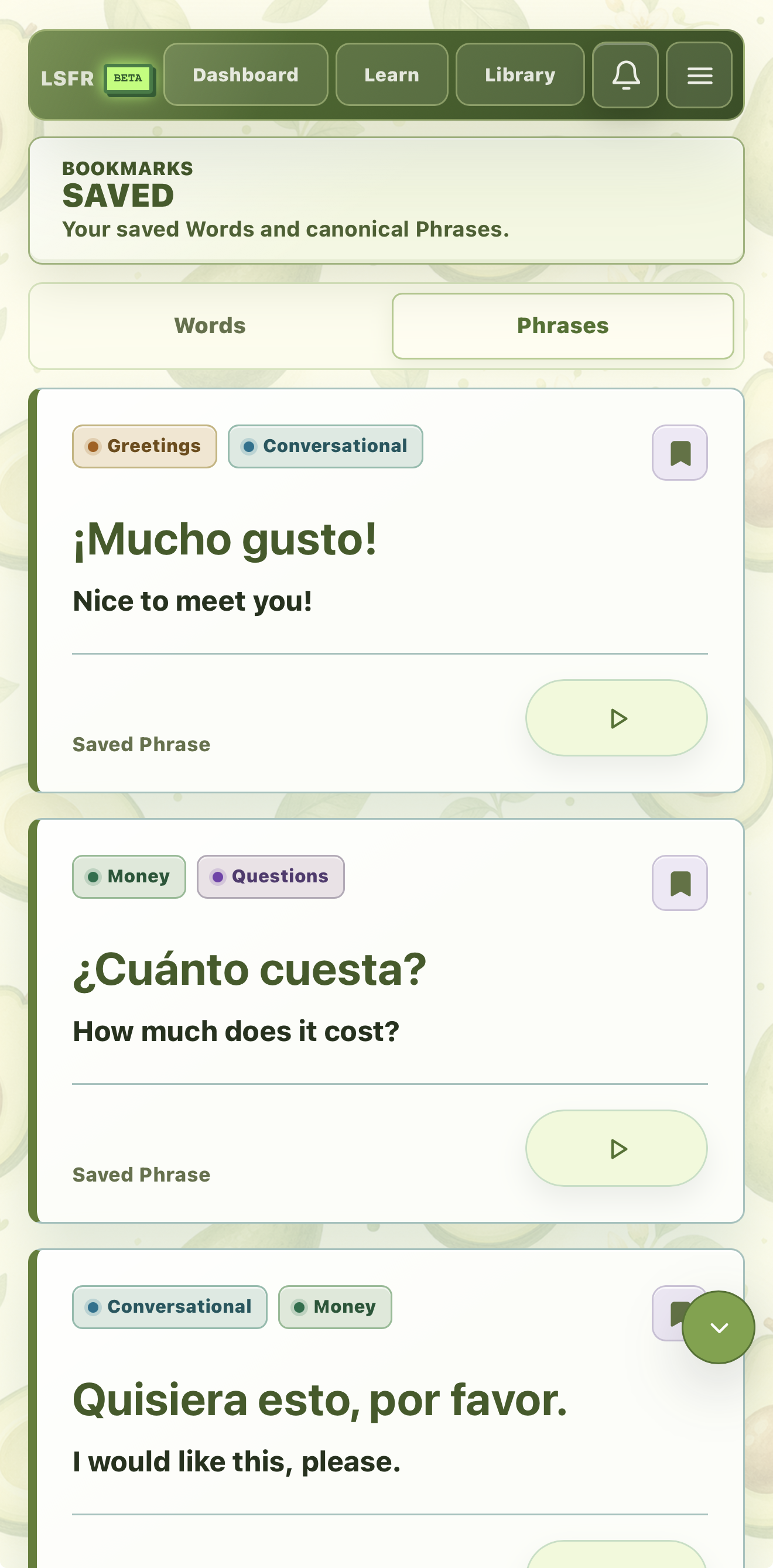 LSFR Saved Phrases screen showing a personal phrase collection