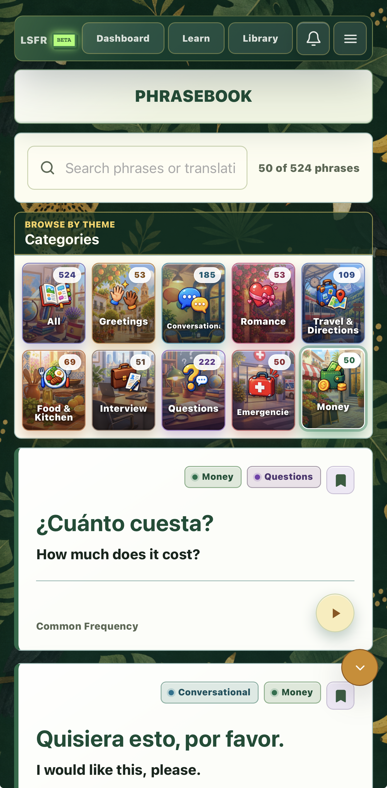 LSFR Phrasebook with category browsing and Spanish phrase cards